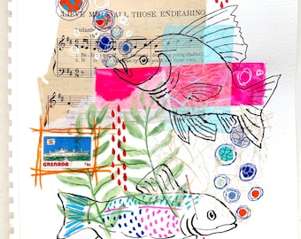 Collage de arte original con encuadernación de burbujas, dibujo de pez, pintura, 11 x 14 pulgadas, marco con paspartú, listo para usar, de la artista Tristina Dietz Elmes.