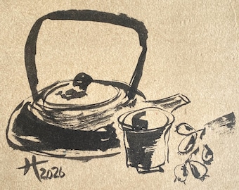 Tea and Loquats Original Watercolor Painting 8x10in Black Mat Frame Ready Wall Art by Artist Tristina Dietz Elmes