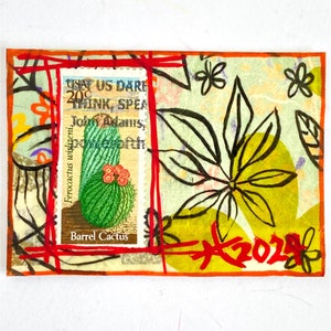 ACEO Original Mixed Media Art 1981 EE. UU. Cactus de barril Sello postal Tristina Dietz Elmes ATC