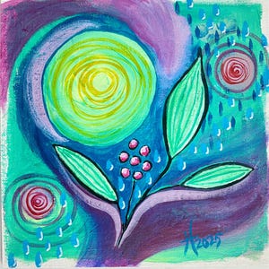 Peut inclure: Peinture acrylique abstraite sur toile représentant un motif floral vibrant. L'œuvre présente une spirale verte centrale, complétée par des feuilles stylisées et des baies roses. Le fond mélange des nuances de bleu, de violet et de sarcelle, avec une signature et l'année 2025.
