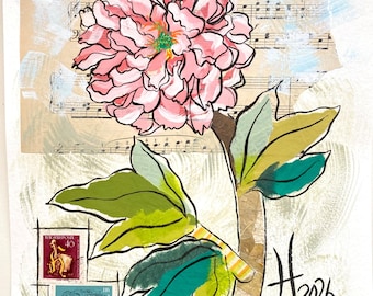 Peony Music Original Art Acrylic Gouache and Collage Painting 11x14in Matted Frame Ready by Artist Tristina Dietz Elmes