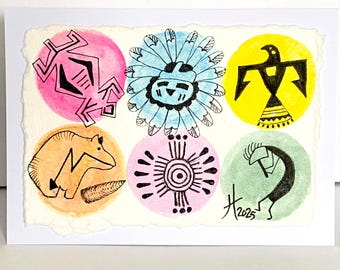 May include: A watercolor painting on textured paper featuring six circular designs. Each circle contains a different Native American-inspired symbol in black ink, set against a backdrop of pink, blue, yellow, orange, and green. The artist's signature and year are in the lower right.