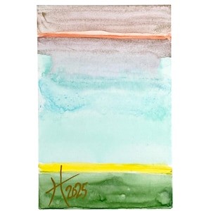 Acuarela original de ACEO y pastel de cera soluble en agua sobre papel Yupo de Tristina Dietz Elmes ATC Verde Naranja Dorado Amarillo