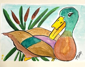 Watercolor Duck with Cattails Art Handmade Original Blank Greeting Card and Envelope Suitable for Framing by Artist Tristina Dietz Elmes