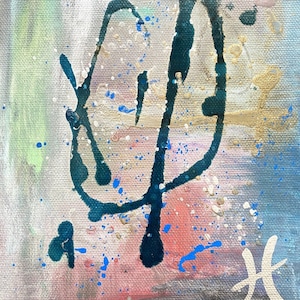 May include: Abstract painting with a teal blue design on a white canvas with pink, blue, and gold accents. The design is reminiscent of a tree with branches and leaves.