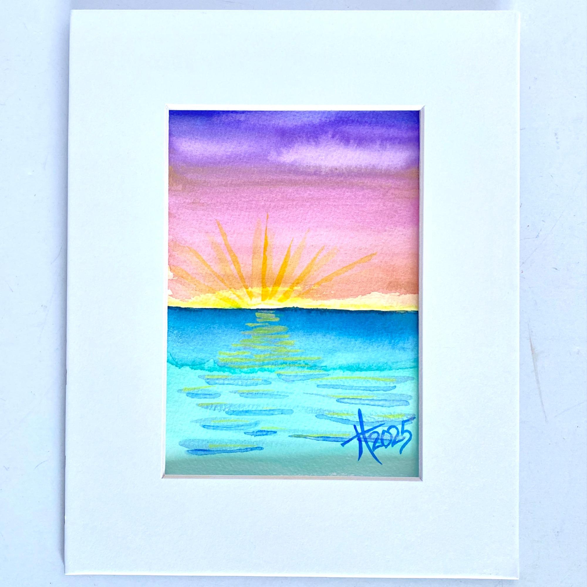 Sunset Flash Art Original Watercolor Painting Wall Art 8x10in