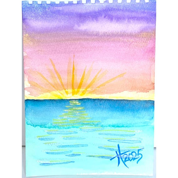 Sunset Flash Art Original Watercolor Painting Wall Art 8x10in