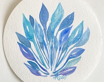 Lovely In Blue - Original Art Round Watercolor Handmade Painting Framed 7"