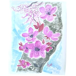 Sakura on a Trunk Flower Art Original Watercolor Painting 11x14in Matted Frame Ready by Artist Tristina Dietz Elmes