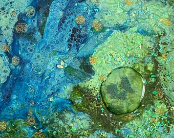 May include: Abstract painting with blue, green, and gold colors. The painting features a large, round, green shape in the center, surrounded by smaller, circular shapes and a textured background.