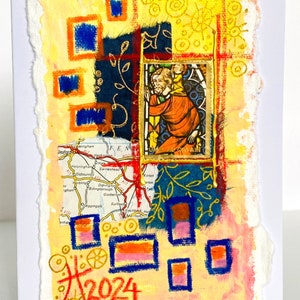 Carte de voeux vierge originale faite à la main et enveloppe, timbre Vtg des Émirats arabes unis, adapté à l'encadrement par l'artiste Tristina Dietz Elmes