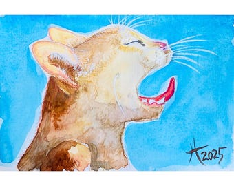 Impresión artística de acuarela de un gato cansado, firmada a mano, con marco enmarañado, lista para colgar en varios tamaños, de la artista Tristina Dietz Elmes