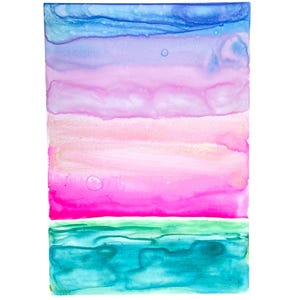Acuarela original de ACEO y pastel de cera soluble en agua sobre papel Yupo de Tristina Dietz Elmes ATC Azul Verde Rosa Dorado