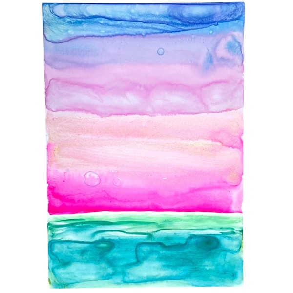 Acuarela original de ACEO y pastel de cera soluble en agua sobre papel Yupo de Tristina Dietz Elmes ATC Azul Verde Rosa Dorado