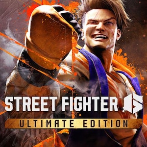 May include: Promotional image for Street Fighter Ultimate Edition. A man with a determined expression is shown, wearing a blue and orange outfit. The title text is displayed in gold and white.
