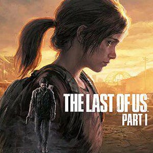 Puede incluir: Ilustración del videojuego "The Last of Us Part I". Una mujer con cabello castaño en una cola de caballo es la figura central, sobre un fondo de puesta de sol. El título del juego se muestra prominentemente en texto blanco.
