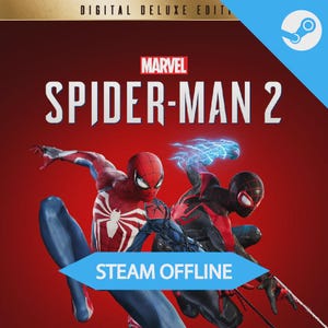 Puede incluir: Imagen de la carátula del juego Marvel Spider-Man 2. La imagen muestra a Spider-Man y Miles Morales en poses dinámicas sobre un fondo rojo. El logotipo de Steam está en la esquina superior derecha, con el texto "STEAM OFFLINE".