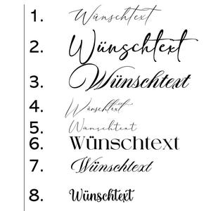 May include: Eight instances of the word "W&uuml;nschtext" are presented in black against a white backdrop. Each word is styled in a different font, ranging from elegant cursive to bold sans-serif. The text is arranged vertically and numbered.