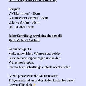 May include: Text in German on a light blue background, advertising custom text options. Examples include "Willkommen" at 30cm, "Zu unserer Hochzeit" at 25cm, and "Merve & Can" at 30cm. Instructions are also provided.