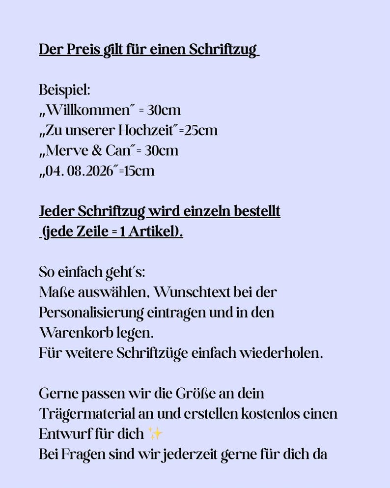 May include: Text in German on a light blue background, advertising custom text options. Examples include "Willkommen" at 30cm, "Zu unserer Hochzeit" at 25cm, and "Merve & Can" at 30cm. Instructions are also provided.