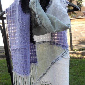 Linen patchwork scarf, black/purple/green/white scarf, 64&quot; x 13&quot; patchwork scarf , ptchwork scarf with fringe, ready to ship