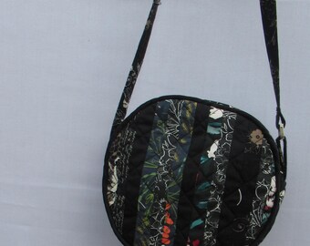 Small circle fabric purse, crossbody or shoulder bag, striped quilted patchwork black printed cotton