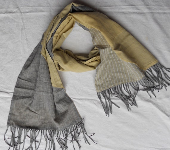 Patchwork scarf, grey, yellow, khaki muslin cotton scarf, 93" x 13" patchwork scarf , ready to ship