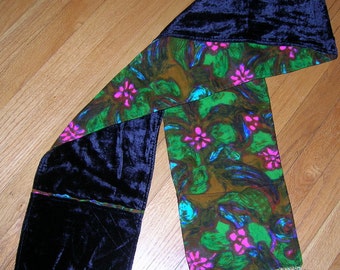 Reversible Velvet Scarf: Navy Blue & Floral Wool with Green Fringe