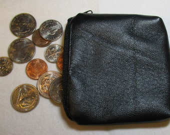 Black Leather Coin Pouch: Zippered Change Purse (3 3/4" x 3,5")