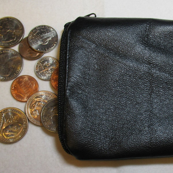 Black real leather coin bag, zippered closure , 4" x 3", READY TO SHIP