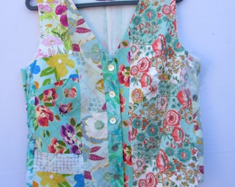 Green Patchwork Vest: Floral Cotton Sleeveless Blouse, Size L