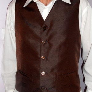 May include: A brown satin vest with five silver buttons. The vest has a pocket on the left side.