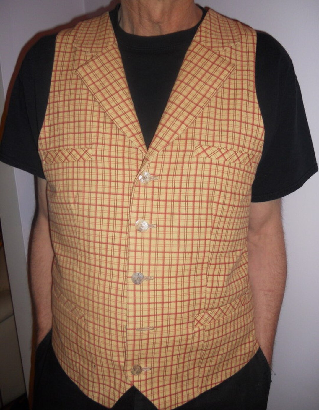 Yellow Checkered Men's Vest, Yellow/red Checkered Cotton Vest, Men's