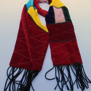 Multicolored patchwork scarf. velour scarf, 76" x 8,5" velvet scarf, ready to ship