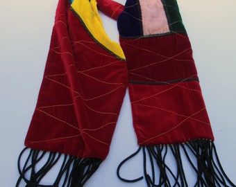 Multicolored patchwork scarf. velour scarf, 76" x 8,5" velvet scarf, ready to ship