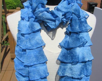 Blue ruffled scarf, decorative boa scarf, 61" long and 6" wide