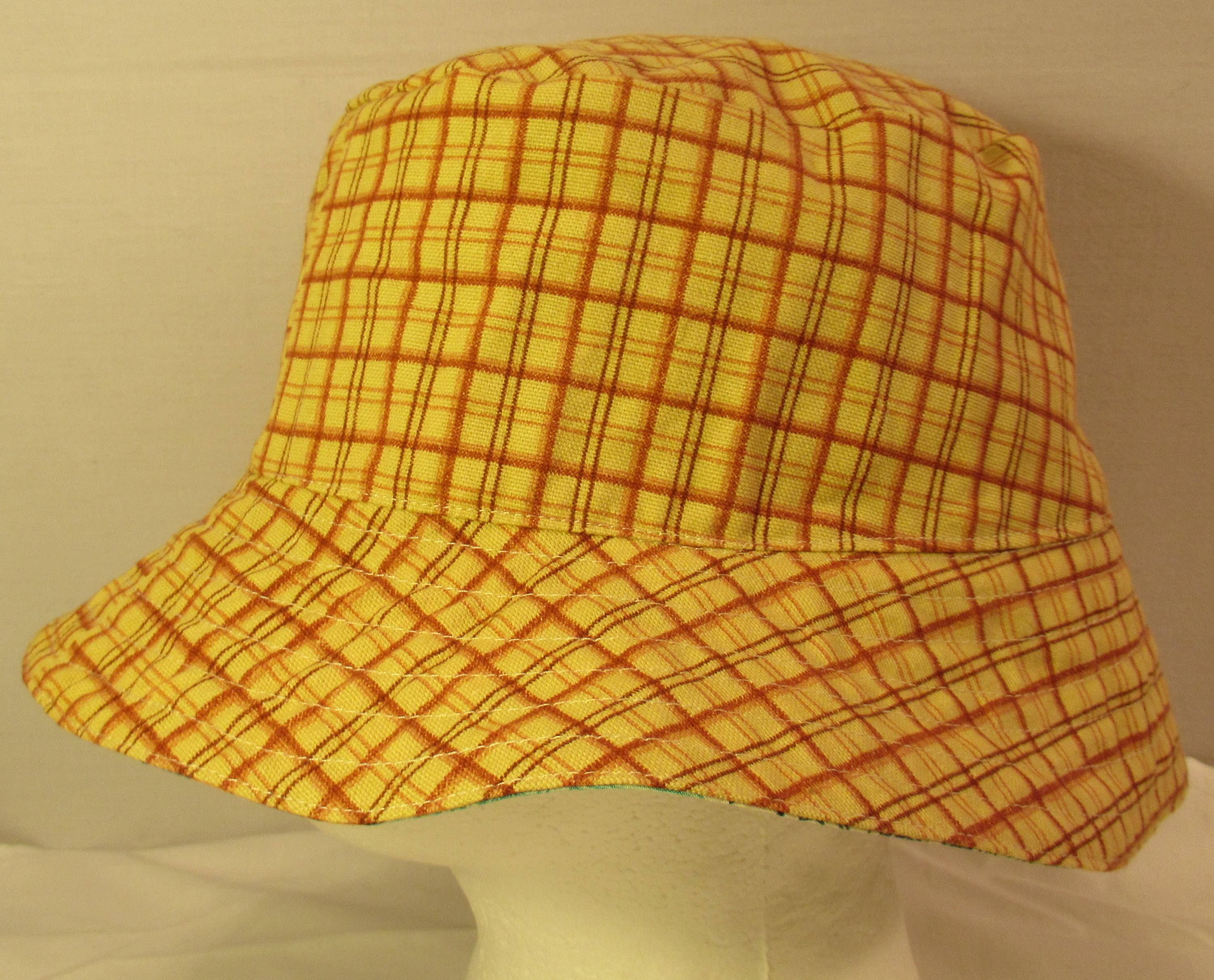 Reversible Floral Cotton Bucket Hat: Orange Checkered Print 