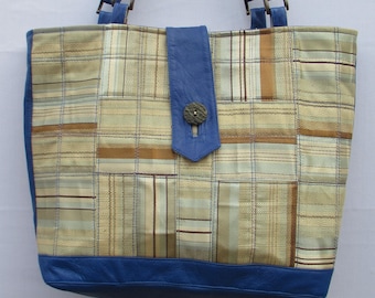 Patchwork hand bag, striped upholstery and royal blue leather, fully lined with beige fabric