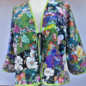 Blue Beach Cover-up: Patchwork colorful cotton jacket, 24" Length, 44" Bust, size XL