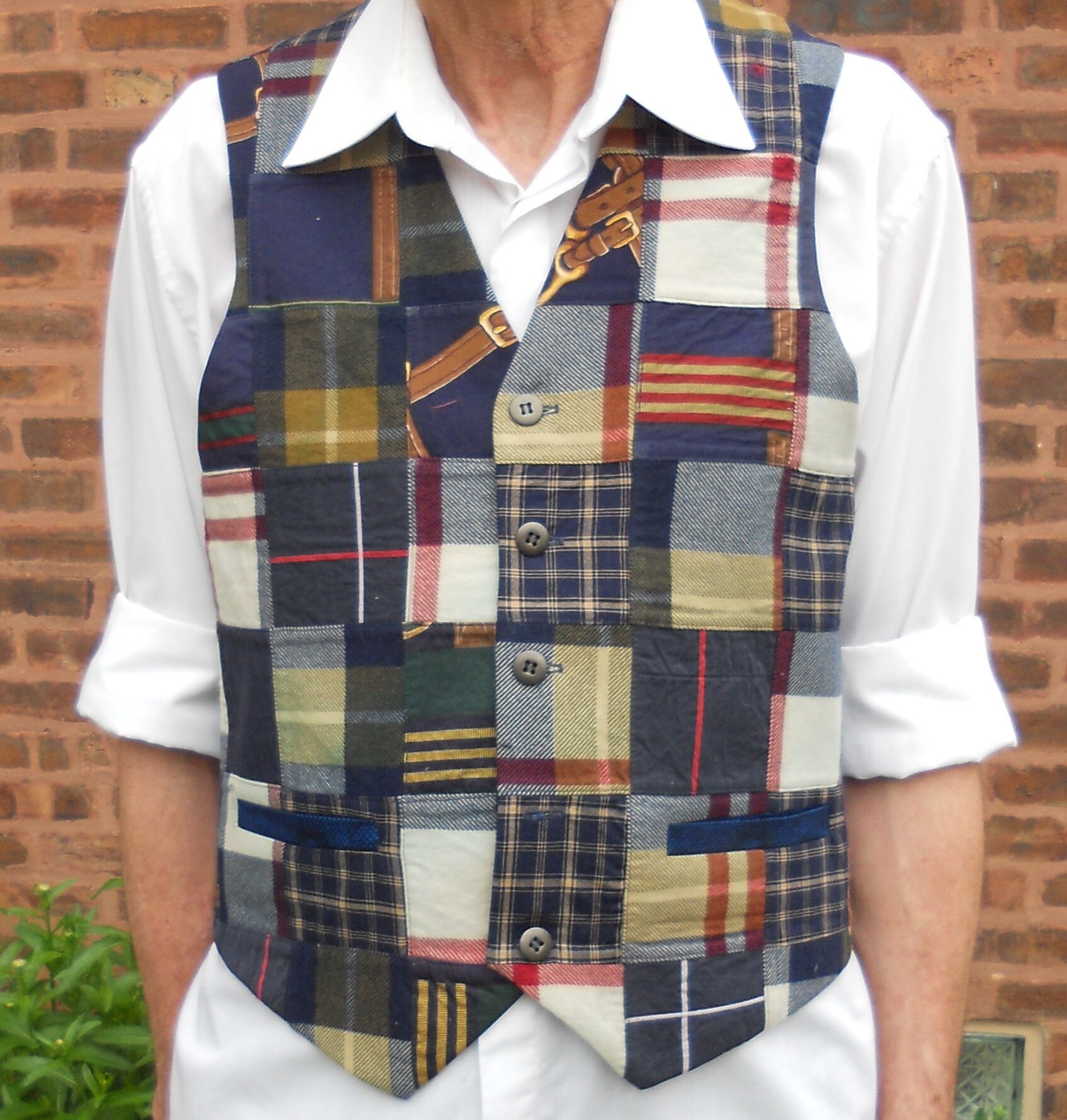 Patchwork Men's Clasic Vest, Navy Blue Patchwork Vest, Size XL