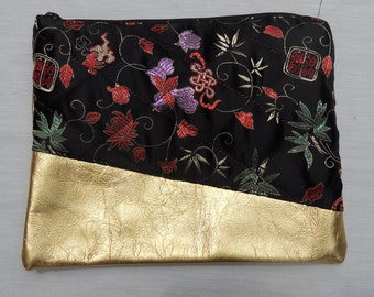 Black embroidered satin pouch, black satin and gold leather bag, 7" x 9" pouch, ready to ship