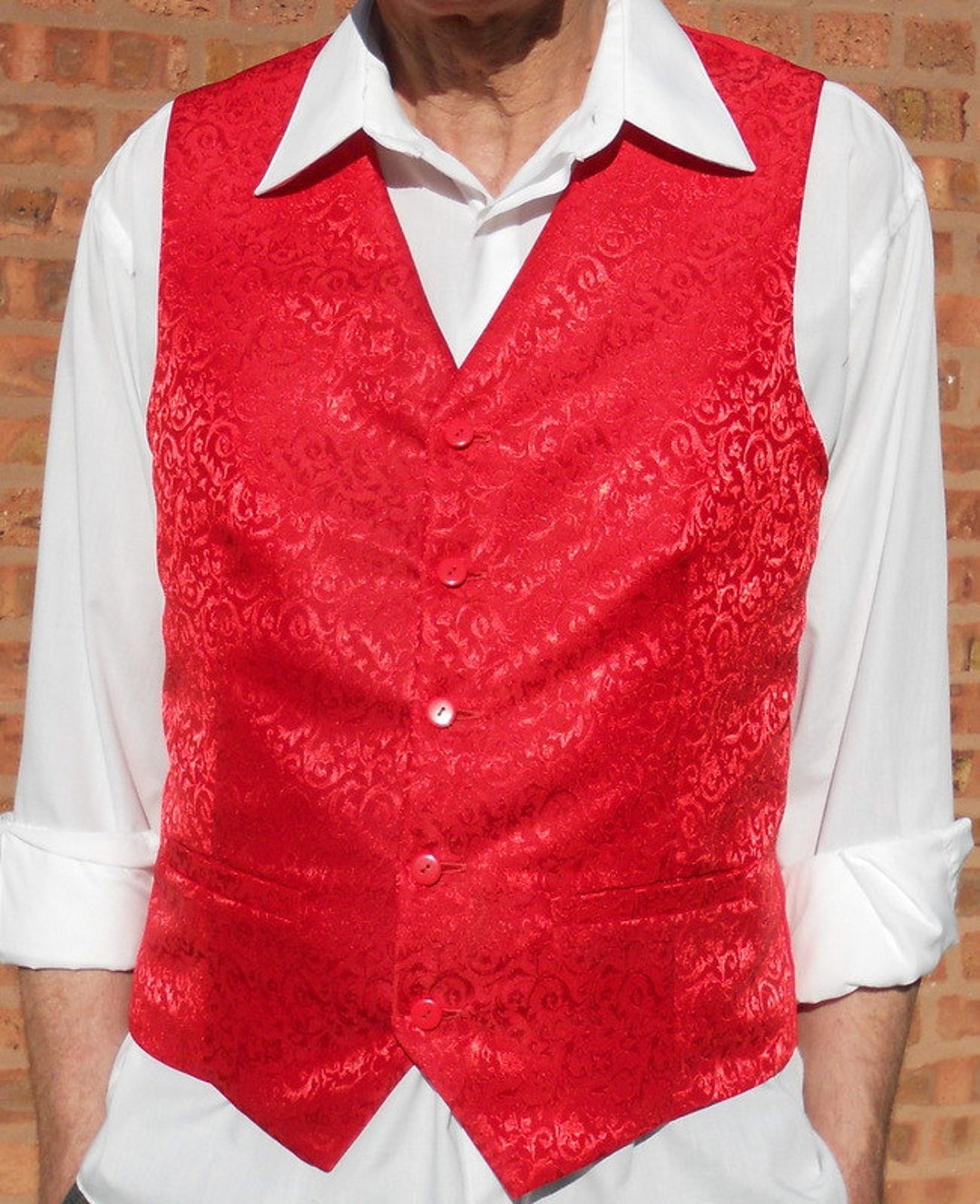 Red jacquard mens vest, classic strawberry red men's vest, red formal