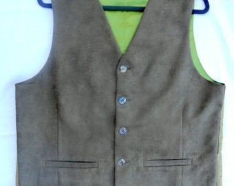 Green suede men's vest, classic style, khaki suede fabric, size XL, ready to ship