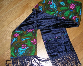 Revesible scarf, navy blue velvet and multicolored fabric, 70" x 8", ready to ship