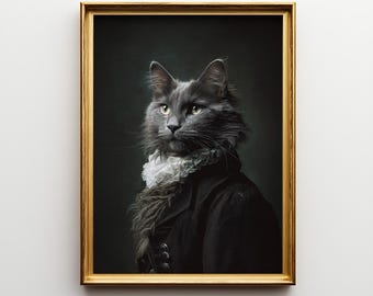 May include: A framed print featuring a grey cat in a black coat and a white ruffled collar. The cat has yellow eyes and a serious expression. The frame is gold, and the background is dark green. The text "PETITS AMIS ARTWORKS" is at the bottom.