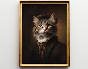 May include: A framed portrait of a cat, reminiscent of a classic Renaissance painting. The cat has brown and grey fur, a white ruff collar, and a dark coat. The frame is gold, and the artwork is set against a dark background. The text "PETITS AMIS ARTWORKS" is at the bottom.