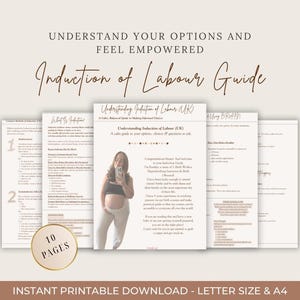 Op de afbeelding: Een afdrukbare gids getiteld "Induction of Labour Guide" met de tekst "Understand Your Options and Feel Empowered". De gids bevat 10 pagina's en is beschikbaar in letterformaat en A4. De omslag toont een zwangere persoon.