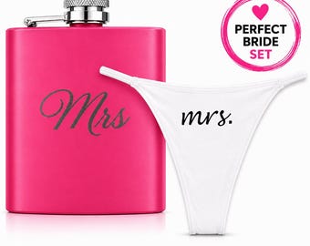 Mrs Bride Flask and Bridal Thong for Bachelorette Party, Wedding Shower Gifts 6 Oz Flasks (Set of 2) Premium