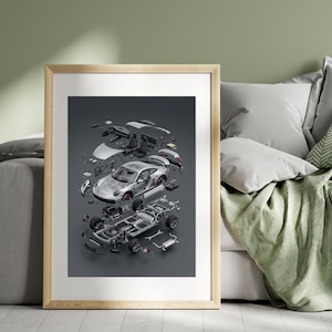 Pode incluir: Impressão emoldurada que mostra um carro esportivo prateado desmontado, com cada componente exibido separadamente. A imagem revela a estrutura interna do carro, incluindo o chassi, o motor e os elementos internos, em um fundo cinza escuro.