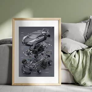 Pode incluir: Impressão emoldurada com uma vista explodida detalhada de um carro esportivo prateado e preto. A imagem mostra os componentes do carro desmontados, com etiquetas apontando para várias peças. O fundo é cinza.